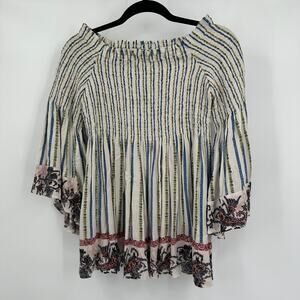 Lola P Womens Top Size S Boho Smocked Stripe Peasant Blouse Festival Cottagecore